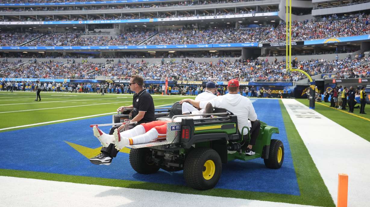 Kansas City Chiefs wide receiver Rashee Rice is taken off the field on a cart after being injured during the first half of an NFL football game against the Los Angeles Chargers Sunday, Sept. 29, 2024, in Inglewood, Calif.