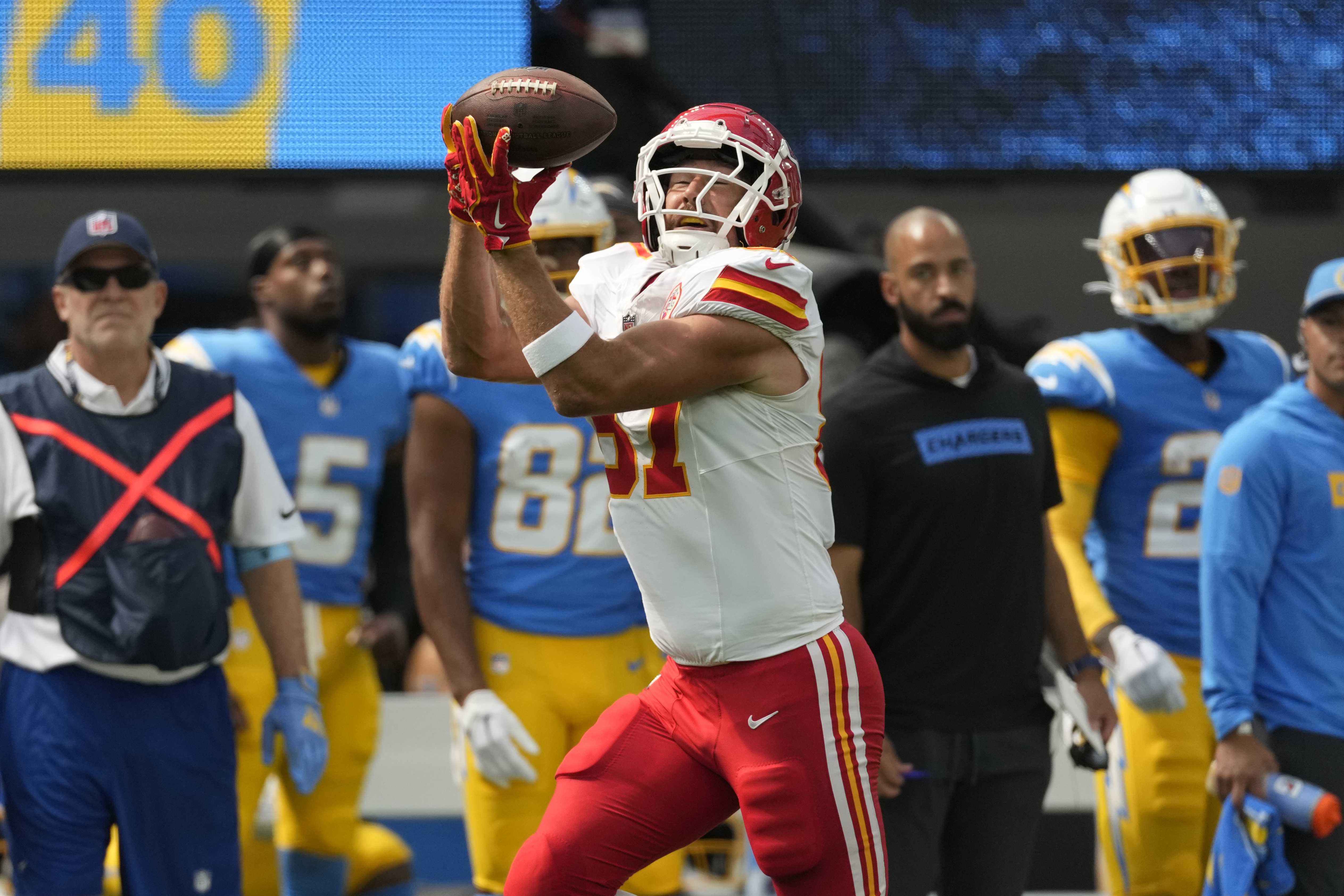 Kansas City Chiefs tight end Travis Kelce catches a pass during the first half of an NFL football game against the Los Angeles Chargers Sunday, Sept. 29, 2024, in Inglewood, Calif.