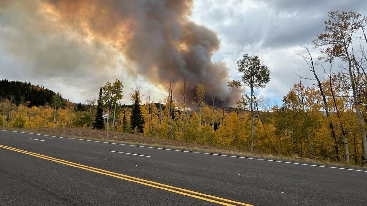 A smoke plume from the Yellow Lake Fire, as seen from state Route 35 in Wasatch County on Sunday. Road closures are in place, and campers are being asked to leave some wilderness areas due to the wildfire.