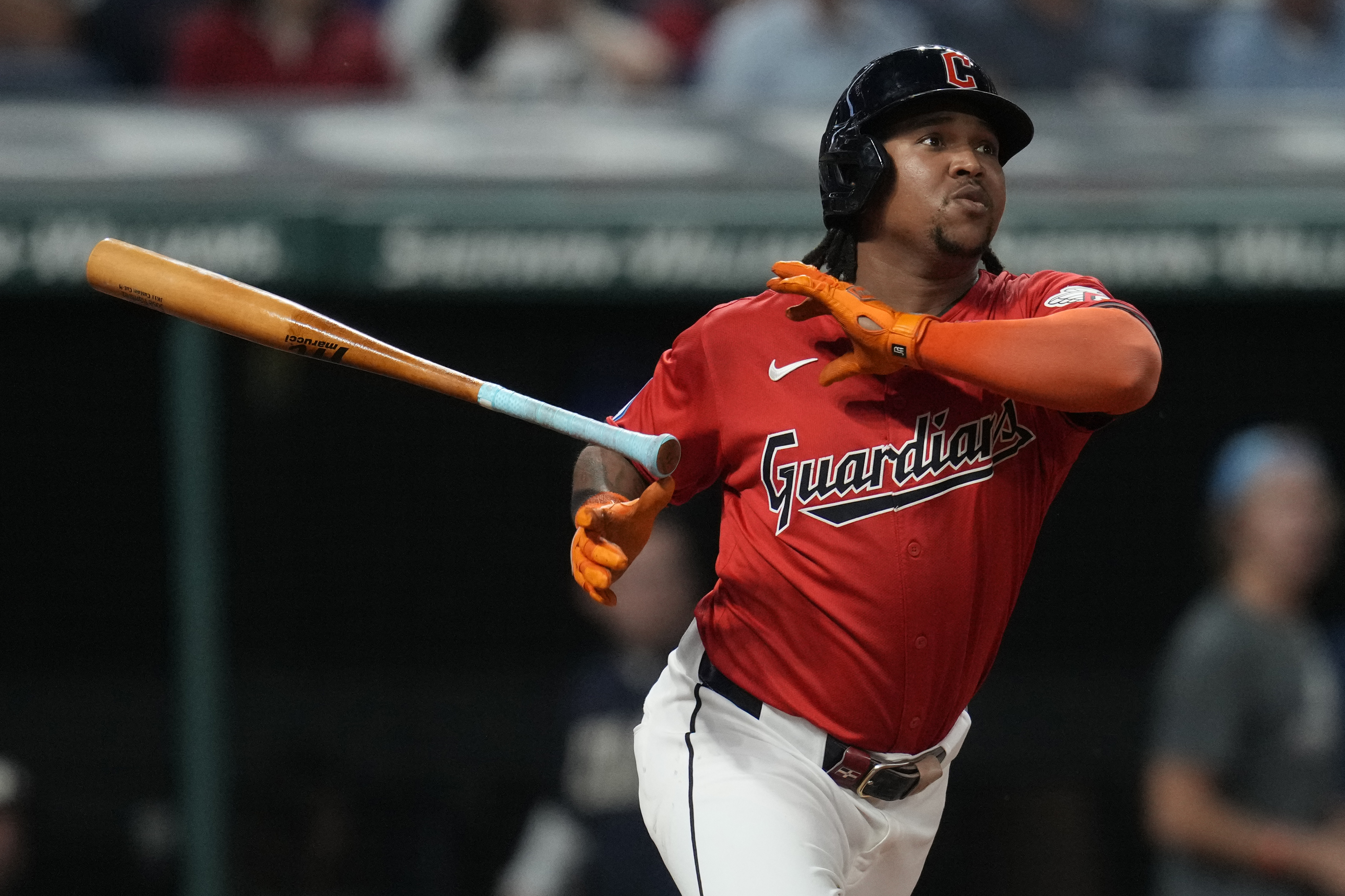 Cleveland Guardians' Jose Ramirez watches his double in the sixth inning of a baseball game against the Cincinnati Reds in Cleveland, Wednesday, Sept. 25, 2024.