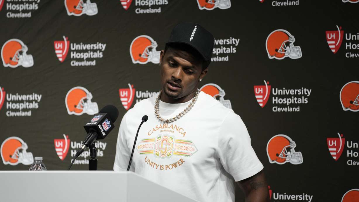 Cleveland Browns quarterback Deshaun Watson speaks after the Browns were defeated by the Las Vegas Raiders 20-16 in an NFL football game Sept. 29, 2024, in Las Vegas.