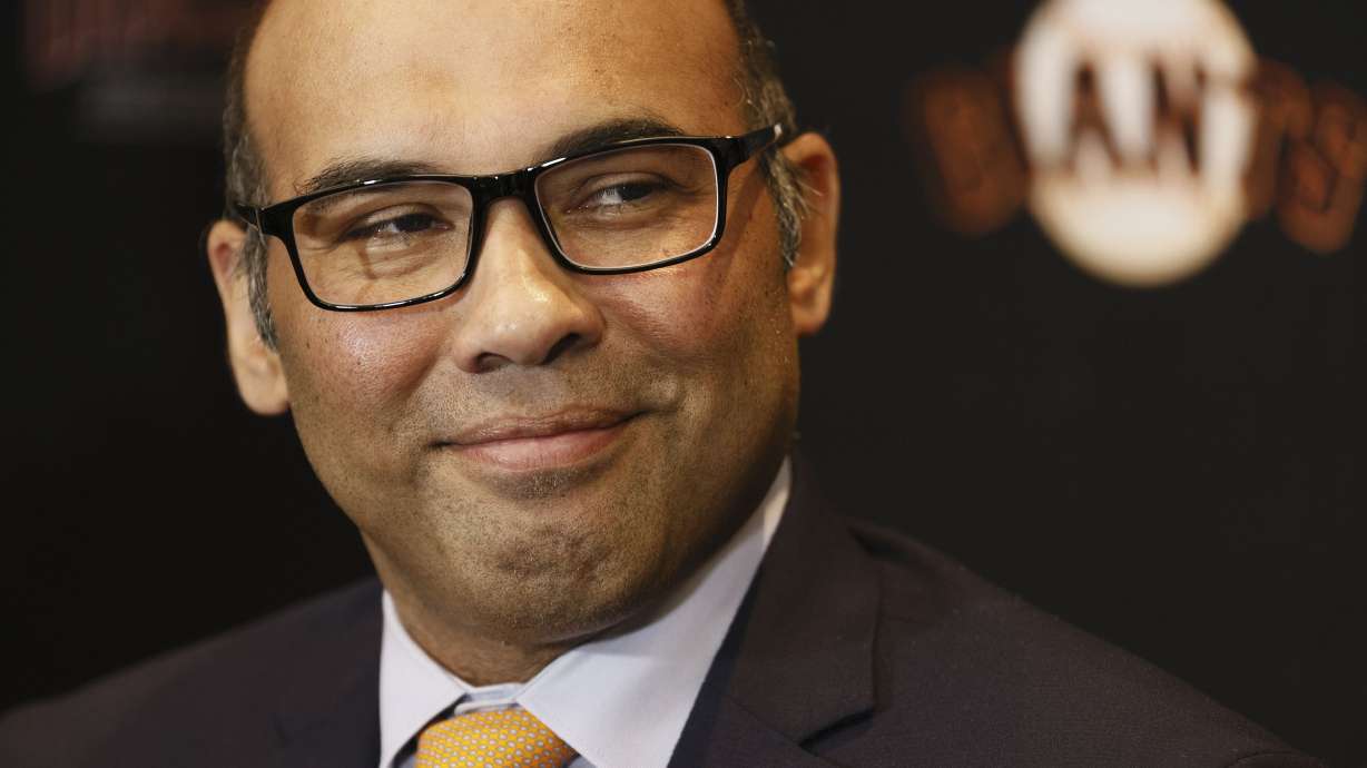 San Francisco Giants president of baseball operations Farhan Zaidi attends a news conference about third baseman Matt Chapman's contract extension at Oracle Park in San Francisco, Thursday, Sept. 5, 2024.