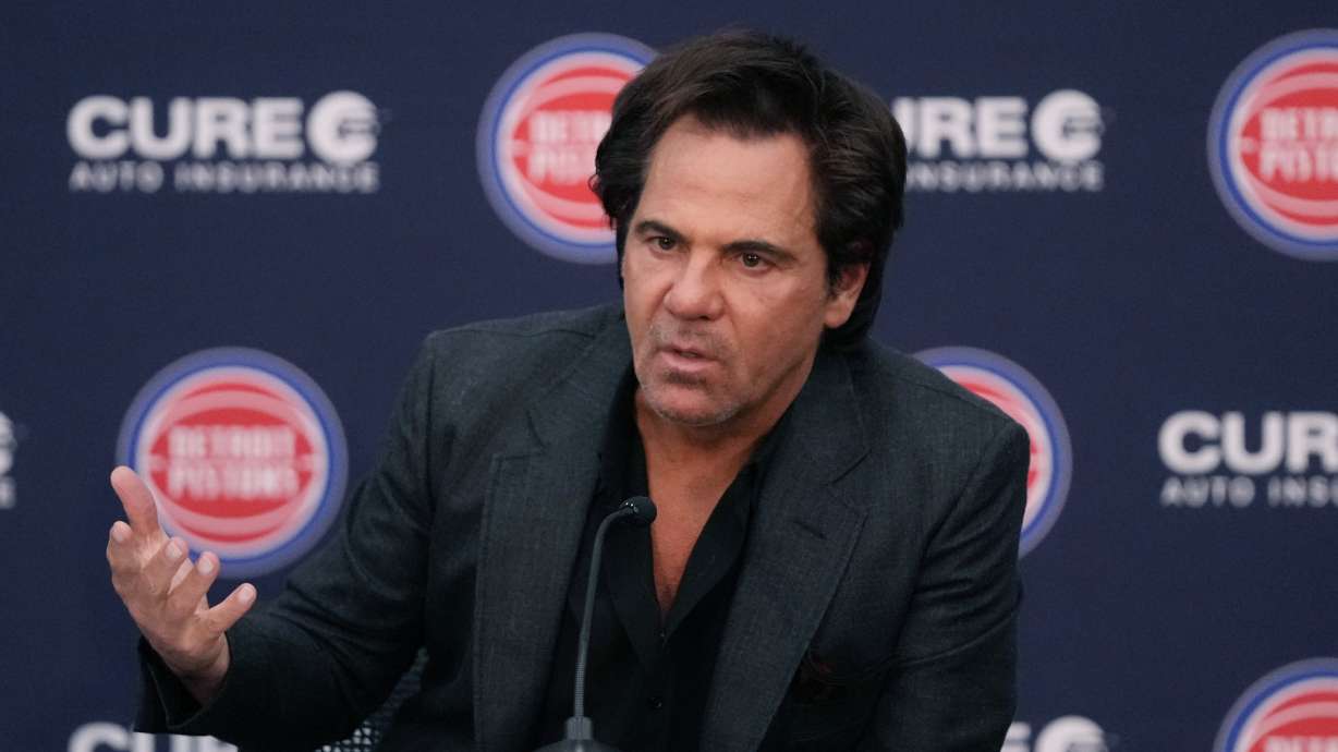 FILE - Detroit Pistons owner Tom Gores addresses the media after Monty Williams was introduced as the team's new head basketball coach during a news conference, June 13, 2023, in Detroit.