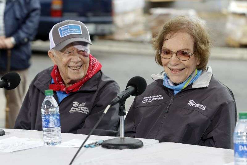 Former President Jimmy Carter and former First Lady Rosalynn Carter answer questions during a news conference at a Habitat for Humanity project Oct. 7, 2019, in Nashville, Tenn.