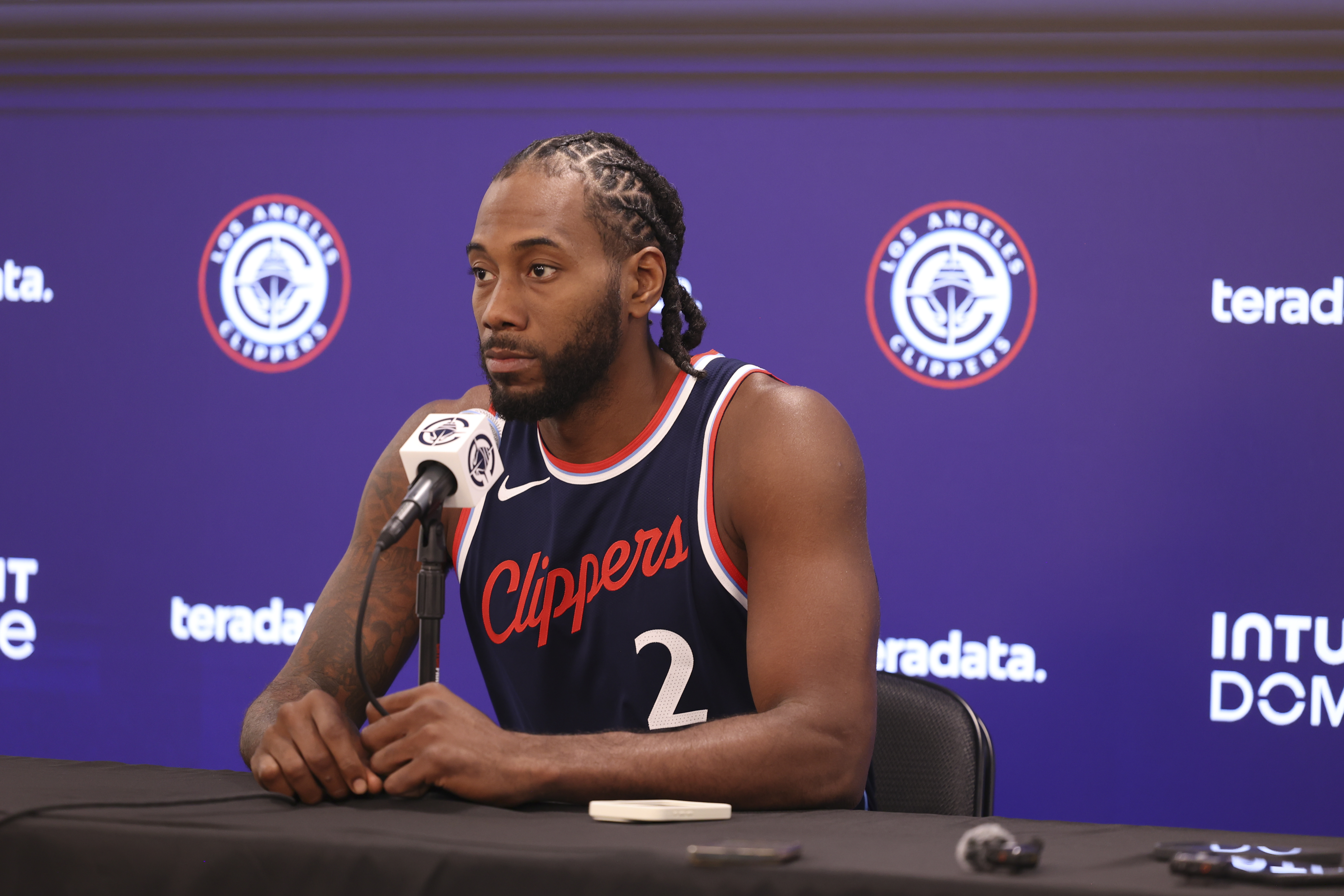 LA Clippers forward Kawhi Leonard speaks at a news conference during the NBA basketball team's media day, Monday, Sept. 30, 2024, in Inglewood. 