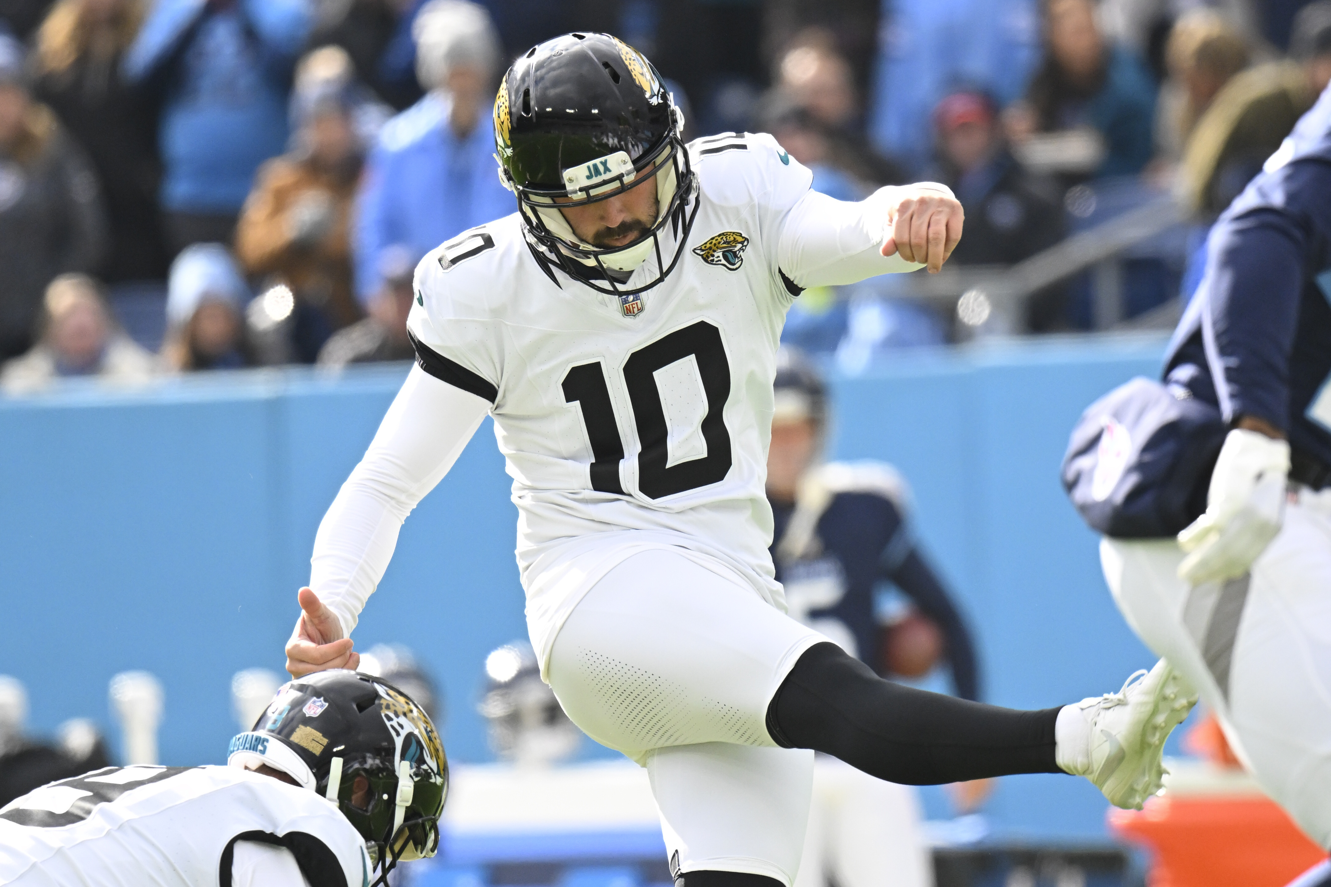 FILE - Jacksonville Jaguars place kicker Brandon McManus (10) during an NFL football game against the Tennessee Titans, Jan. 7, 2024 in Nashville, Tenn. 