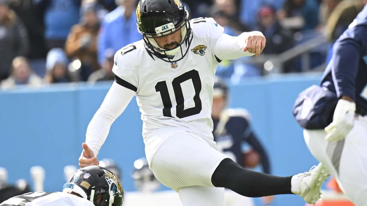 FILE - Jacksonville Jaguars place kicker Brandon McManus (10) during an NFL football game against the Tennessee Titans, Jan. 7, 2024 in Nashville, Tenn.