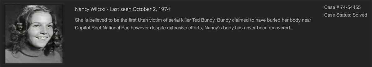 This screenshot shows the Unified Police Department’s cold case website description of the Nancy Wilcox case as it appeared on Sept. 3, 2019.