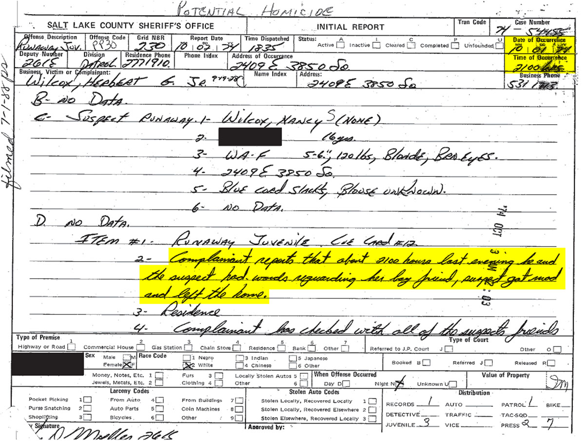 A Salt Lake County Sheriff’s Office deputy filed this initial report in the Nancy Wilcox case, listing her date of disappearance as Oct. 1, 1974. Highlights added by KSL.