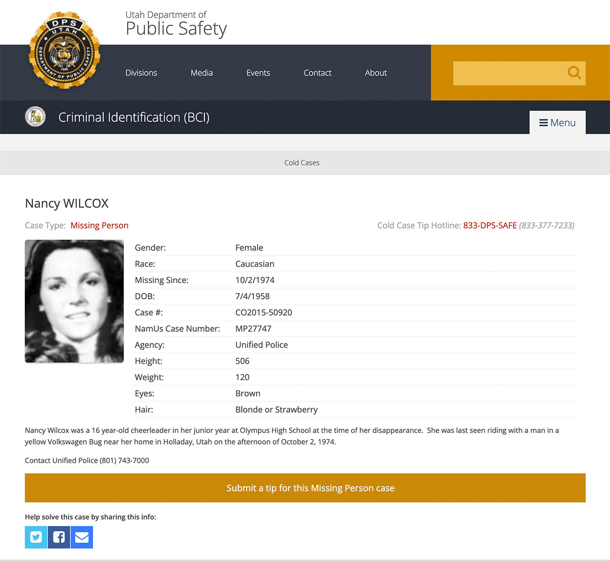 This screenshot shows Utah’s state cold case entry for Nancy Wilcox as it appeared on Sept. 28. The date and circumstances of Wilcox’s disappearance are both incorrect.