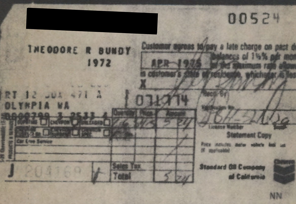 Credit card receipts collected by police prove Ted Bundy was in Olympia, Wash., on the date Nancy Wilcox reported having been sexually assaulted in Salt Lake County.