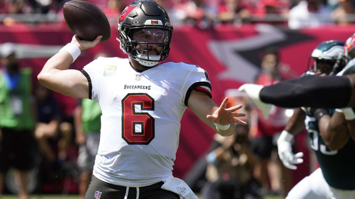 Tampa Bay Buccaneers' Baker Mayfield passes during the first half of an NFL football game against the Philadelphia Eagles, Sunday, Sept. 29, 2024, in Tampa, Fla.