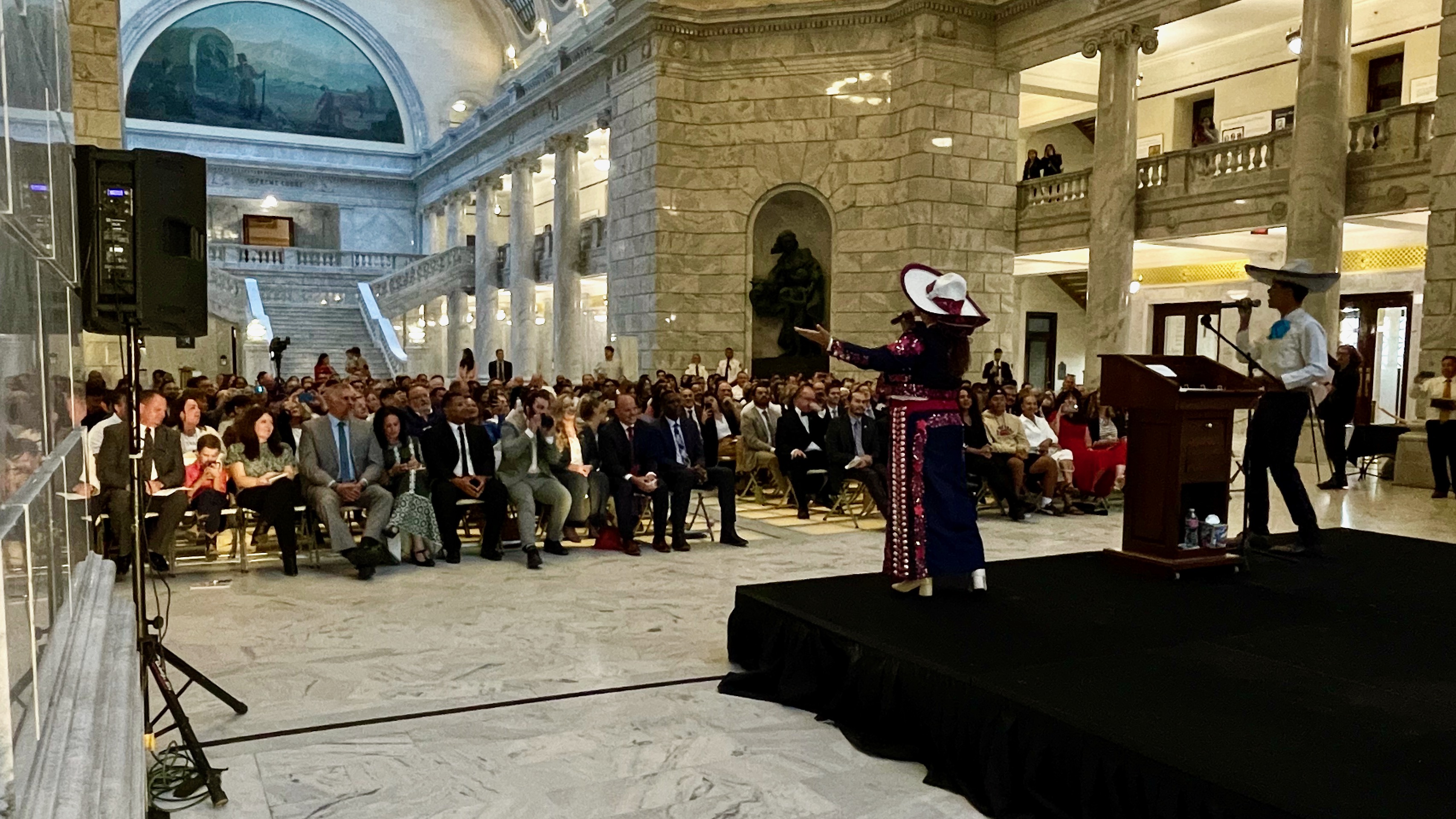 Musicians entertain the crowd at a Hispanic Heritage Month ceremony that Rep. Burgess Owens, R-Utah, hosted at the state Capitol in Salt Lake City on Monday.