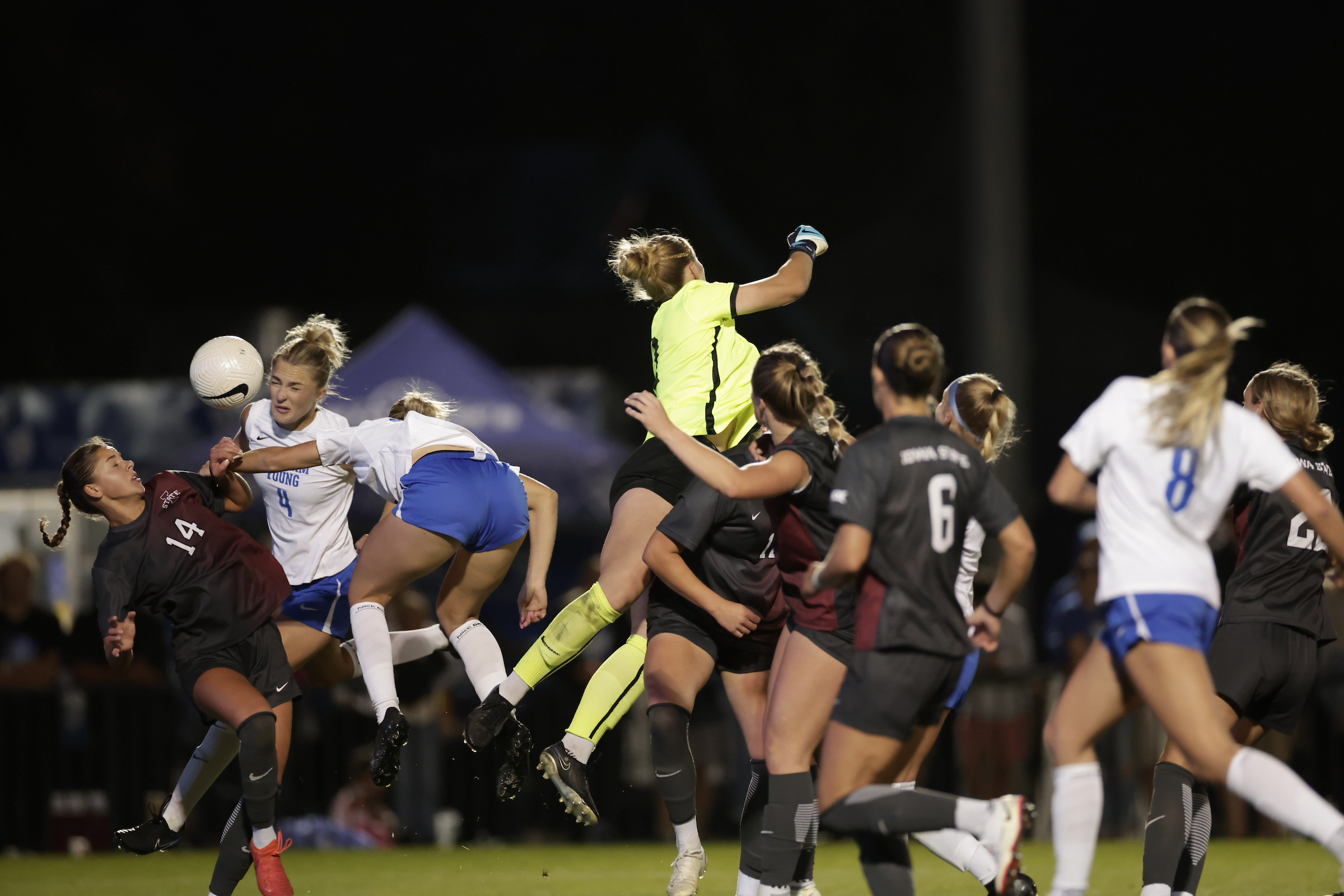 BYU center back Avery Frischknecht heads in the match-winning goal during a Big 12 women's soccer match against Iowa State, Monday, Sept. 30, 2024, at South Field in Provo, Utah.