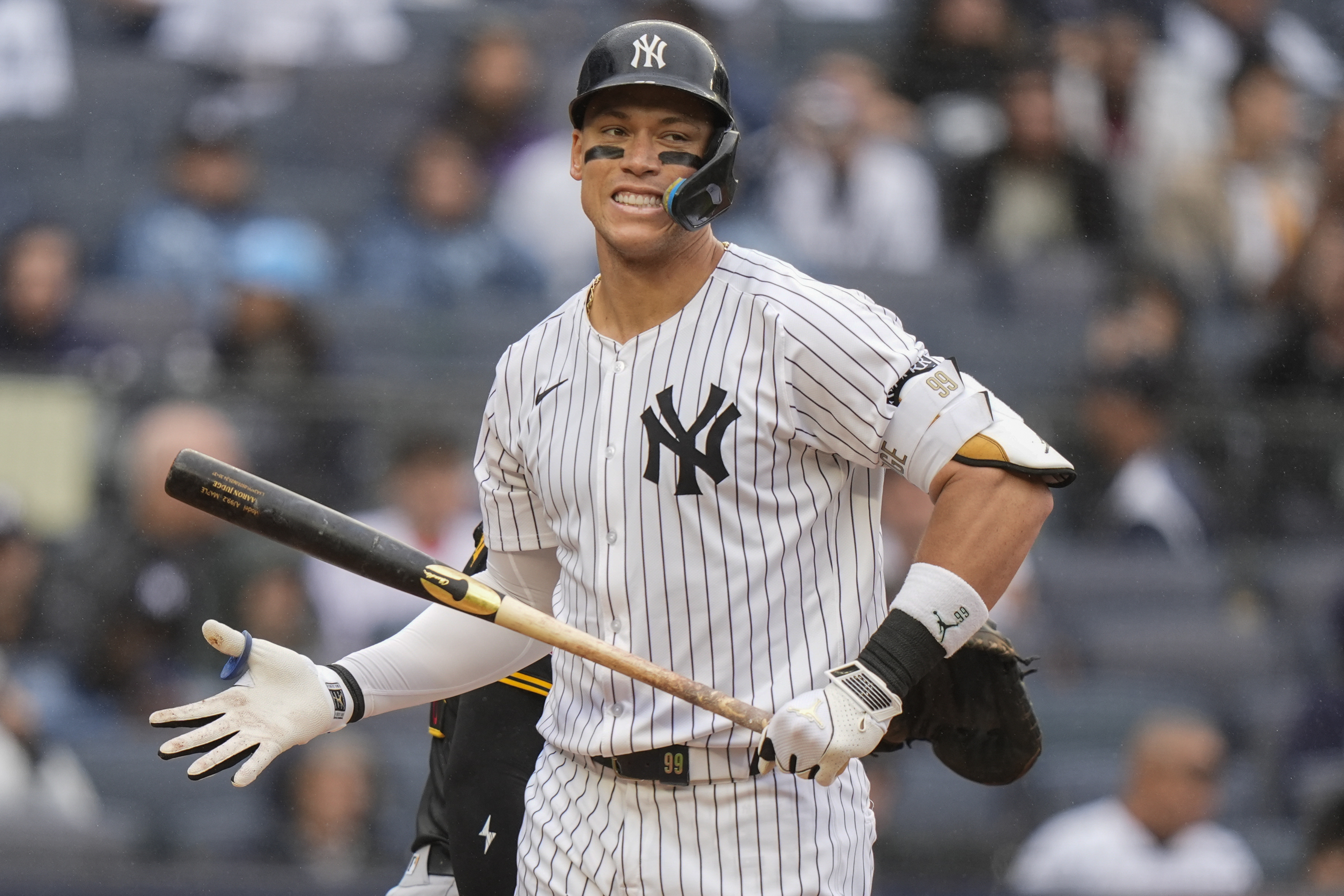 New York Yankees' Aaron Judge reacts after striking out during the sixth inning of a baseball game against the Pittsburgh Pirates, Saturday, Sept. 28, 2024, in New York. 