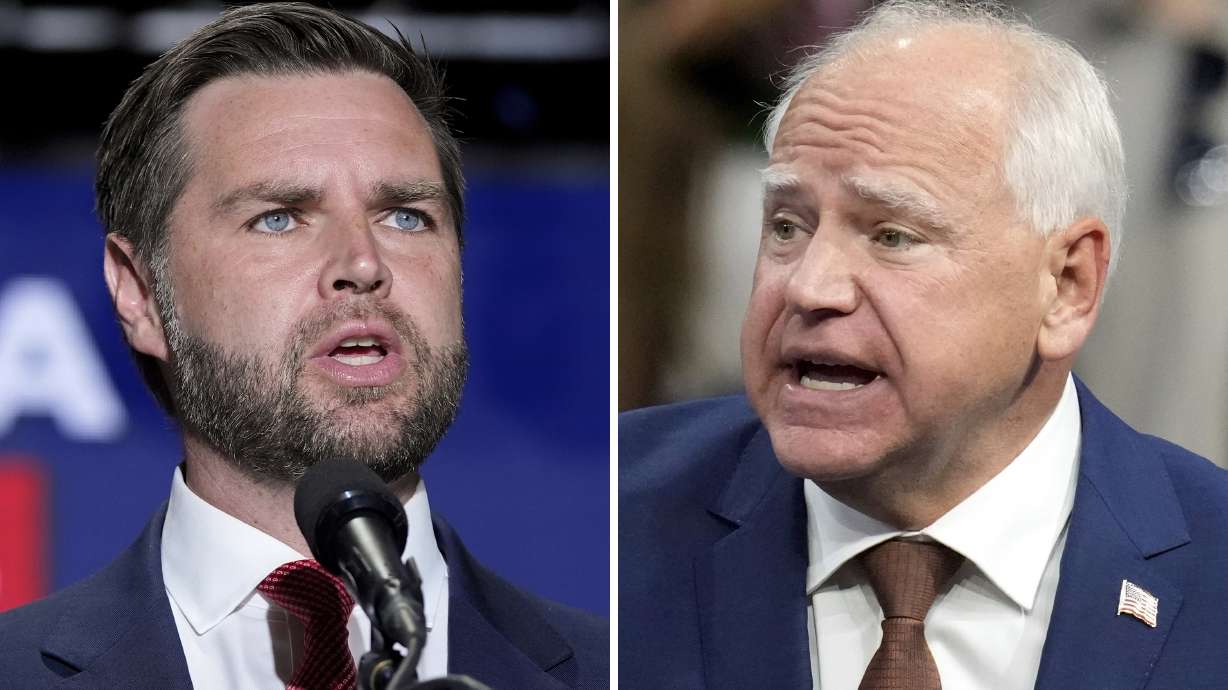 This combination of photos shows Republican vice presidential nominee Sen. JD Vance, R-Ohio, left, on Aug. 6, in Philadelphia, and Democratic vice presidential candidate Minnesota Gov. Tim Walz, Aug. 9, in Glendale, Arizona.