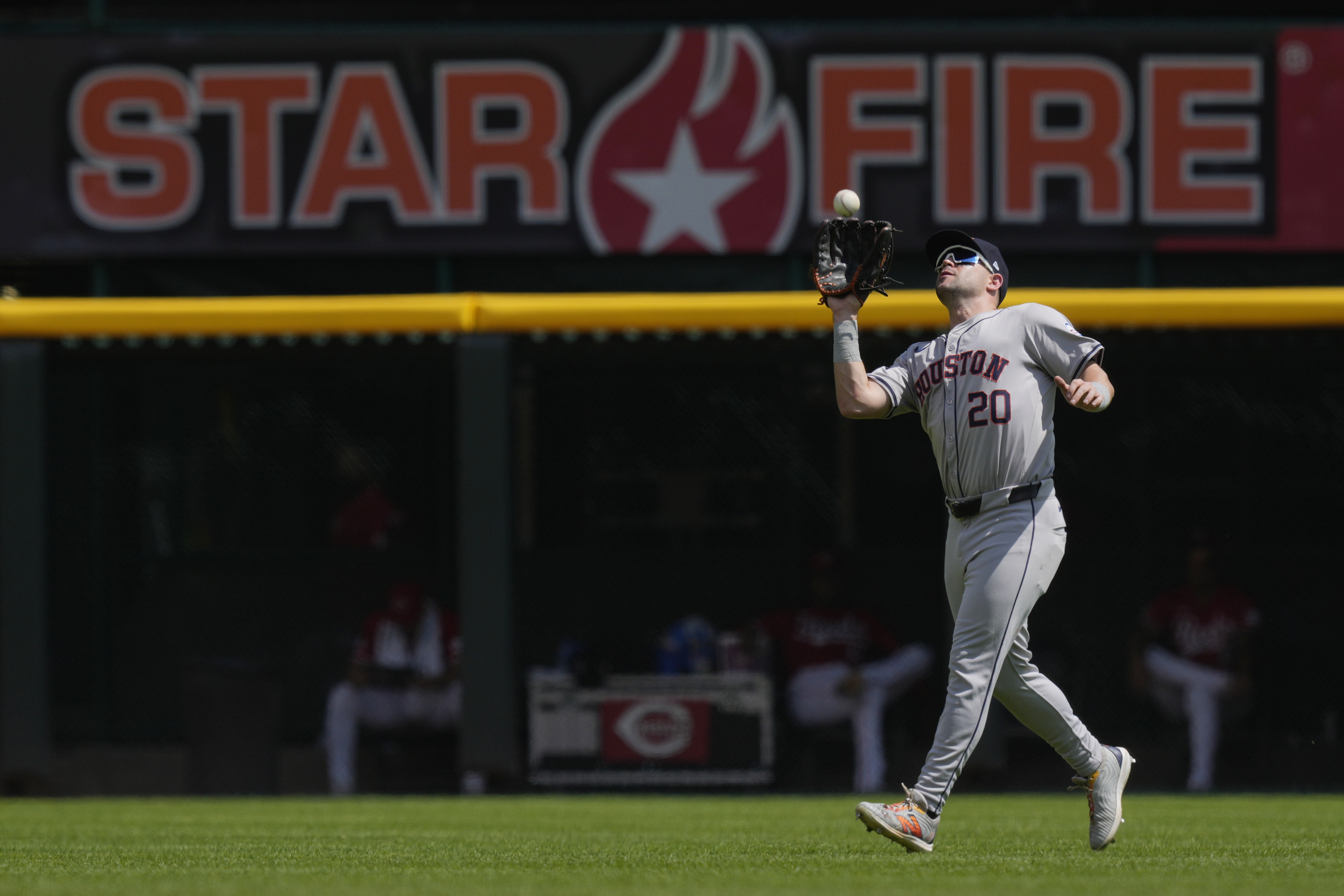 Houston Astros center fielder Chas McCormick catches a fly ball hit by Cincinnati Reds' TJ Friedl during the fourth inning of a baseball game, Thursday, Sept. 5, 2024, in Cincinnati. 