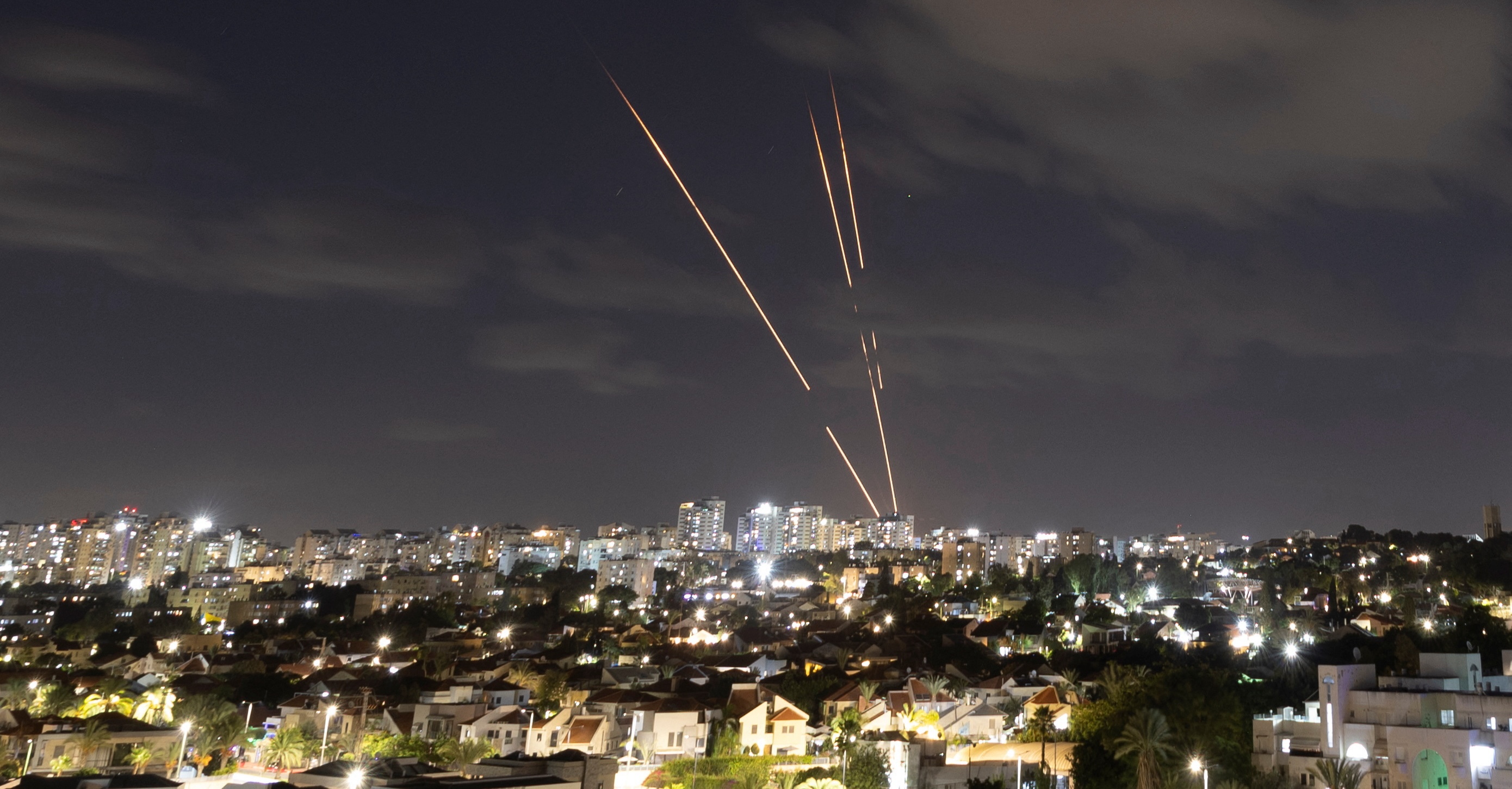 Israel's Iron Dome anti-missile system intercepts rockets, as seen from Ashkelon, Israel, Tuesday,