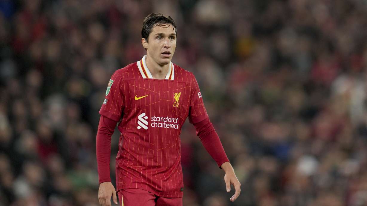 Liverpool's Federico Chiesa looks on during the English League Cup soccer match between Liverpool and West Ham United at Anfield Stadium, Liverpool, England, Wednesday, Sept. 25, 2024.