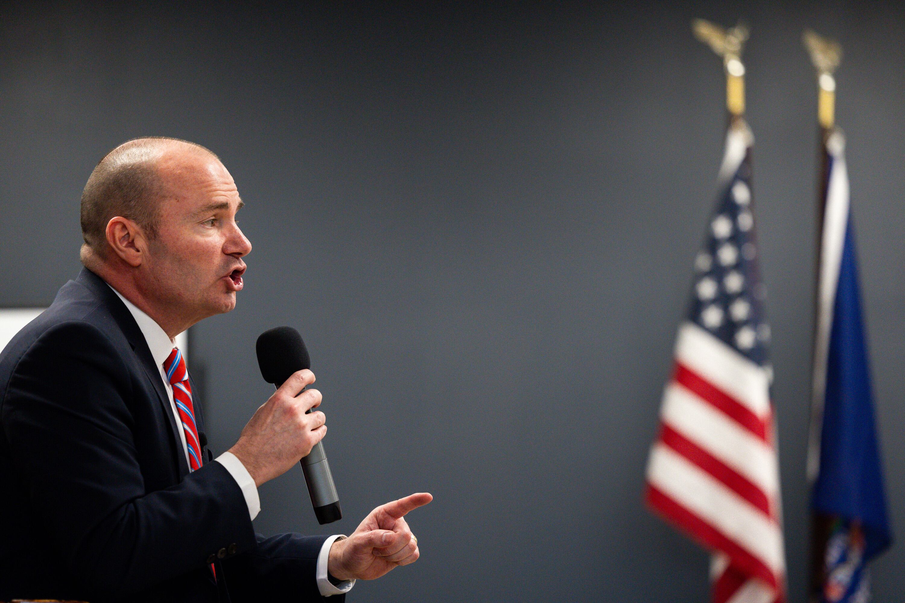 Sen. Mike Lee speaks at a town hall for U.S. Senate candidate Carolyn Phippen at Kimber Academy in Lindon, Utah, on April 5. Lee wants to keep government agencies from looking at people's private financial information.