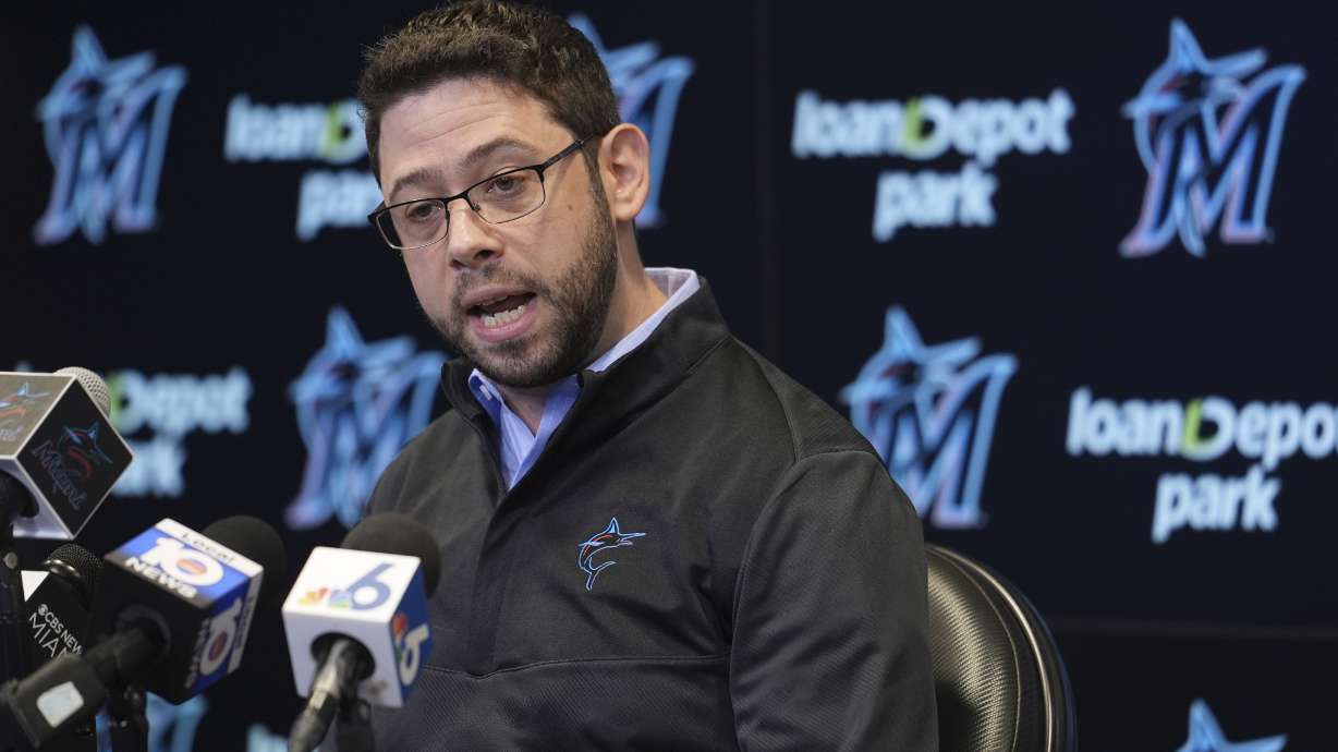 Miami Marlins President of Baseball Operations, Peter Bendix, speaks during an end-of-season news conference, Tuesday, Oct. 1, 2024, in Miami.