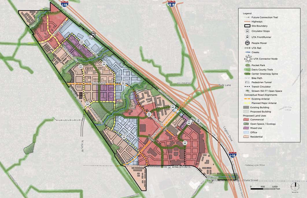 The map shows preliminary development plans for the Farmington Station area in Farmington.