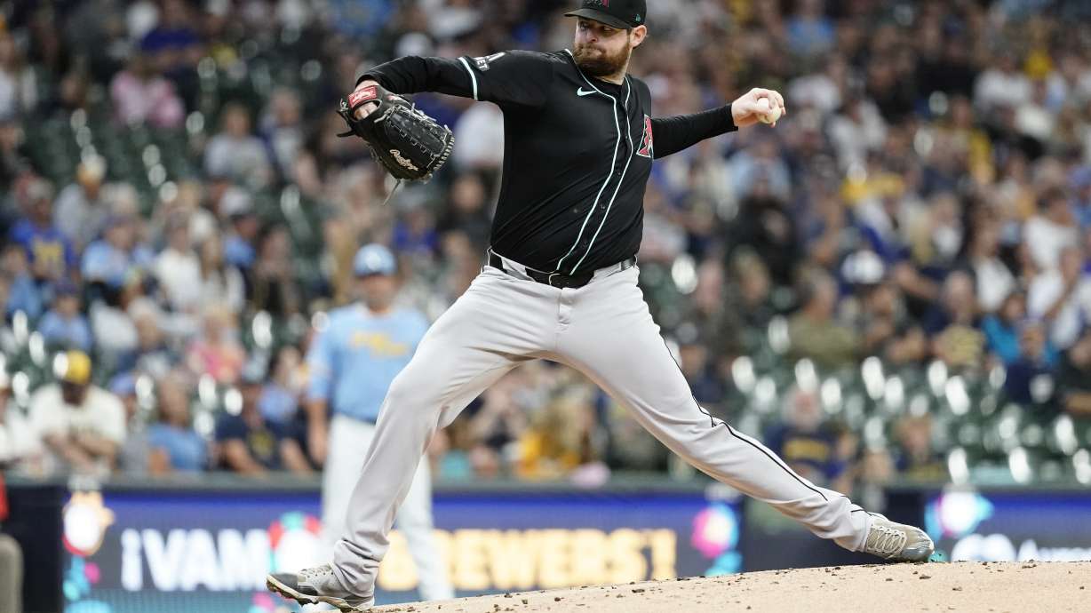 Arizona Diamondbacks' Jordan Montgomery pitches during the first inning of a baseball game against the Milwaukee Brewers, Sunday, Sept. 22, 2024, in Milwaukee.