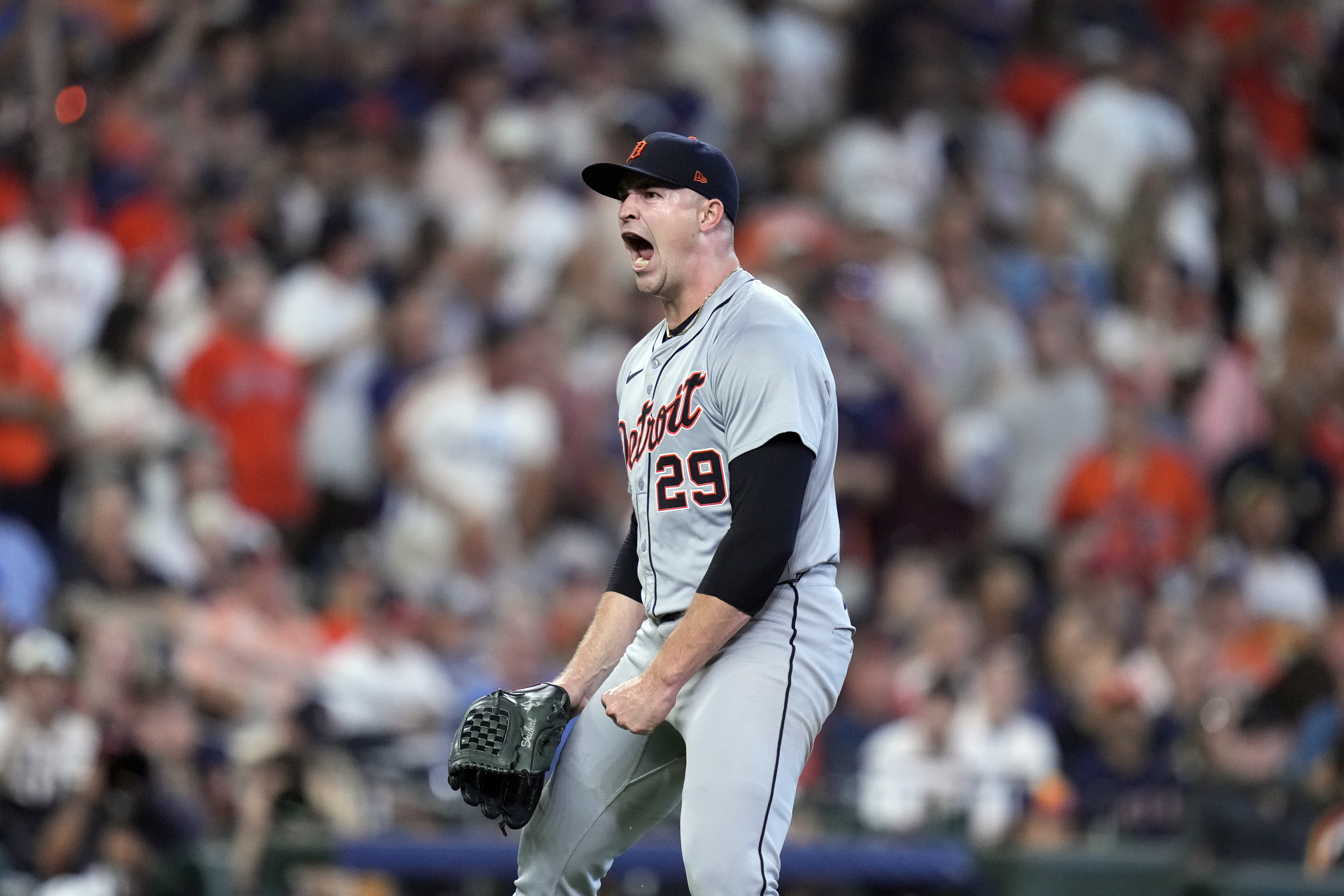 Detroit Tigers starting pitcher Tarik Skubal reacts after striking out Houston Astros' Yainer Diaz during the sixth inning of Game 1 of an AL Wild Card Series baseball game, Tuesday, Oct. 1, 2024, in Houston. 