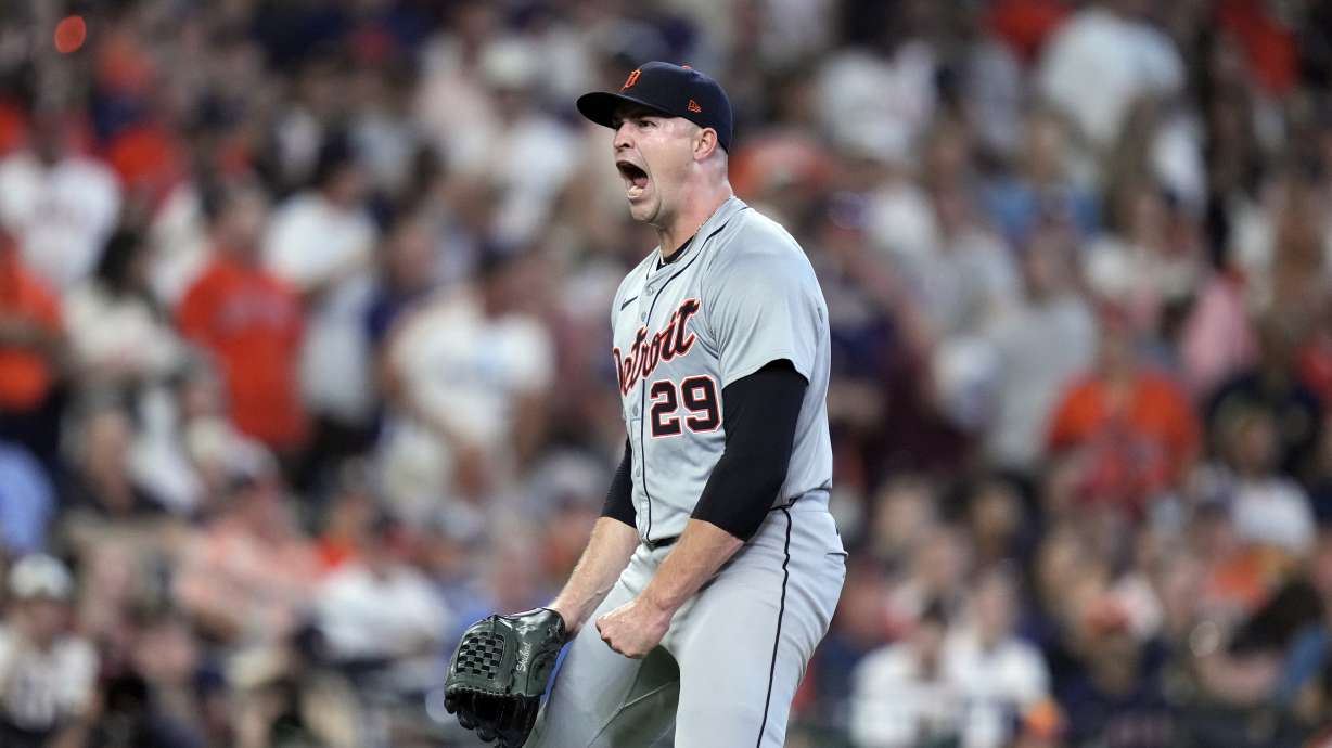 Detroit Tigers starting pitcher Tarik Skubal reacts after striking out Houston Astros' Yainer Diaz during the sixth inning of Game 1 of an AL Wild Card Series baseball game, Tuesday, Oct. 1, 2024, in Houston.