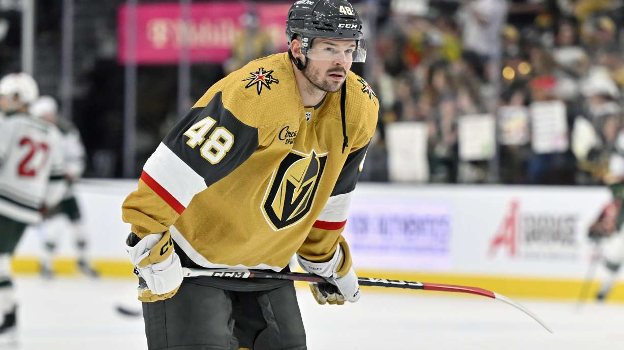 FILE - Vegas Golden Knights center Tomas Hertl warms up before an NHL hockey game against the Minnesota Wild, Friday, April 12, 2024, in Las Vegas.