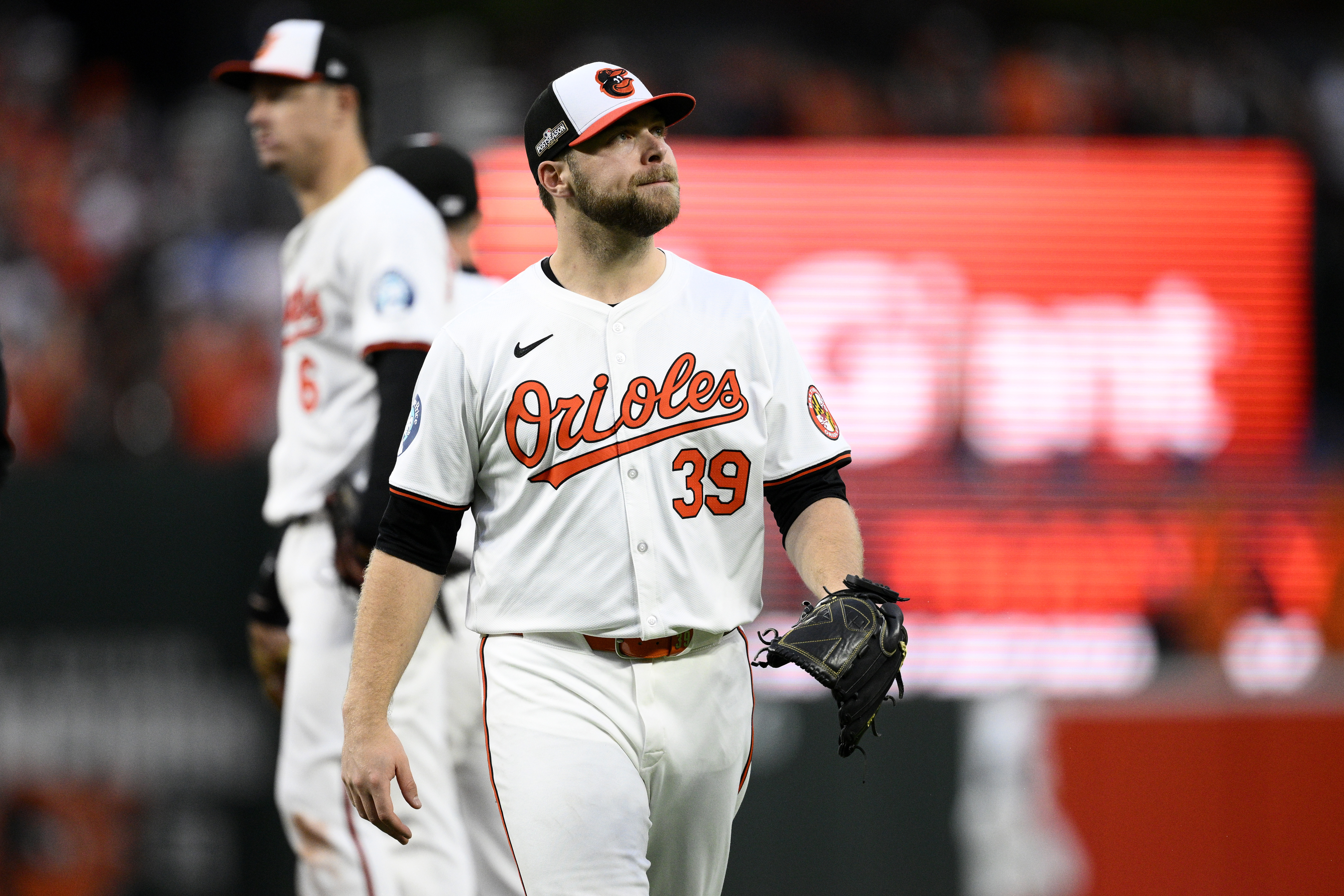 Baltimore Orioles starting pitcher Corbin Burnes (39) walks back to the dugout after he was removed in the ninth inning during Game 1 of an AL Wild Card Series baseball game against the Kansas City Royals, Tuesday, Oct. 1, 2024, in Baltimore. The Royals won 1-0. 