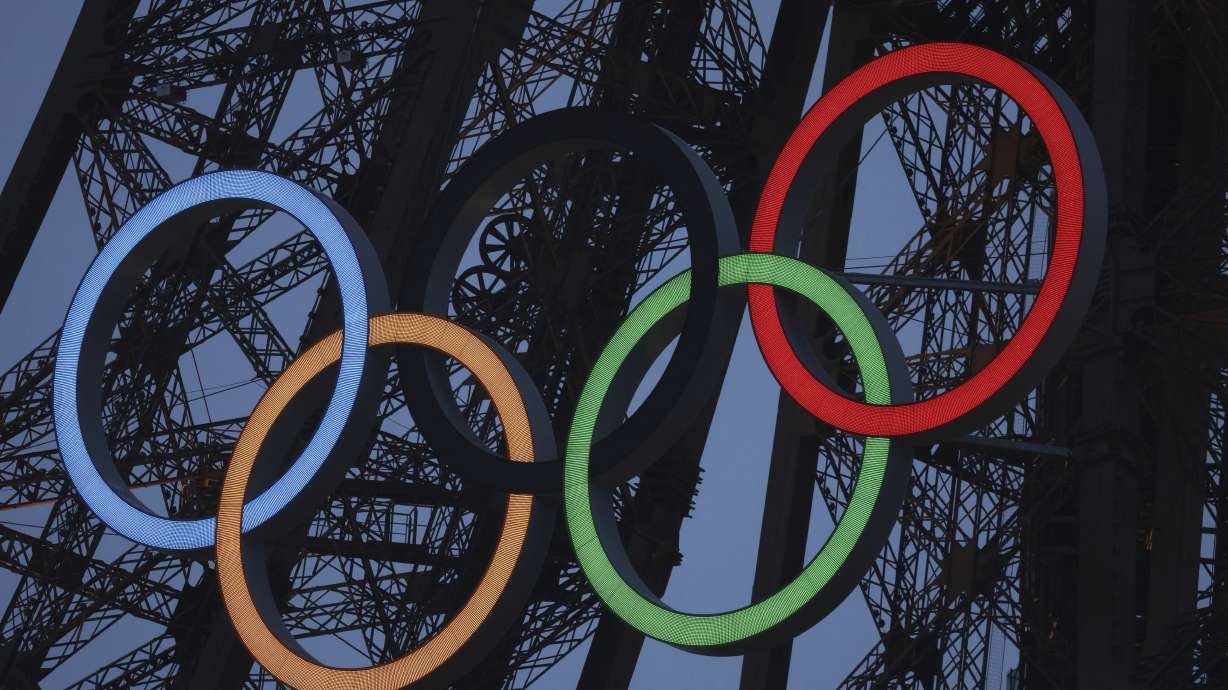FILE - A general view of the Olympic rings displayed on the Eiffel Tower is pictured during the opening ceremony for the 2024 Summer Olympic Games.