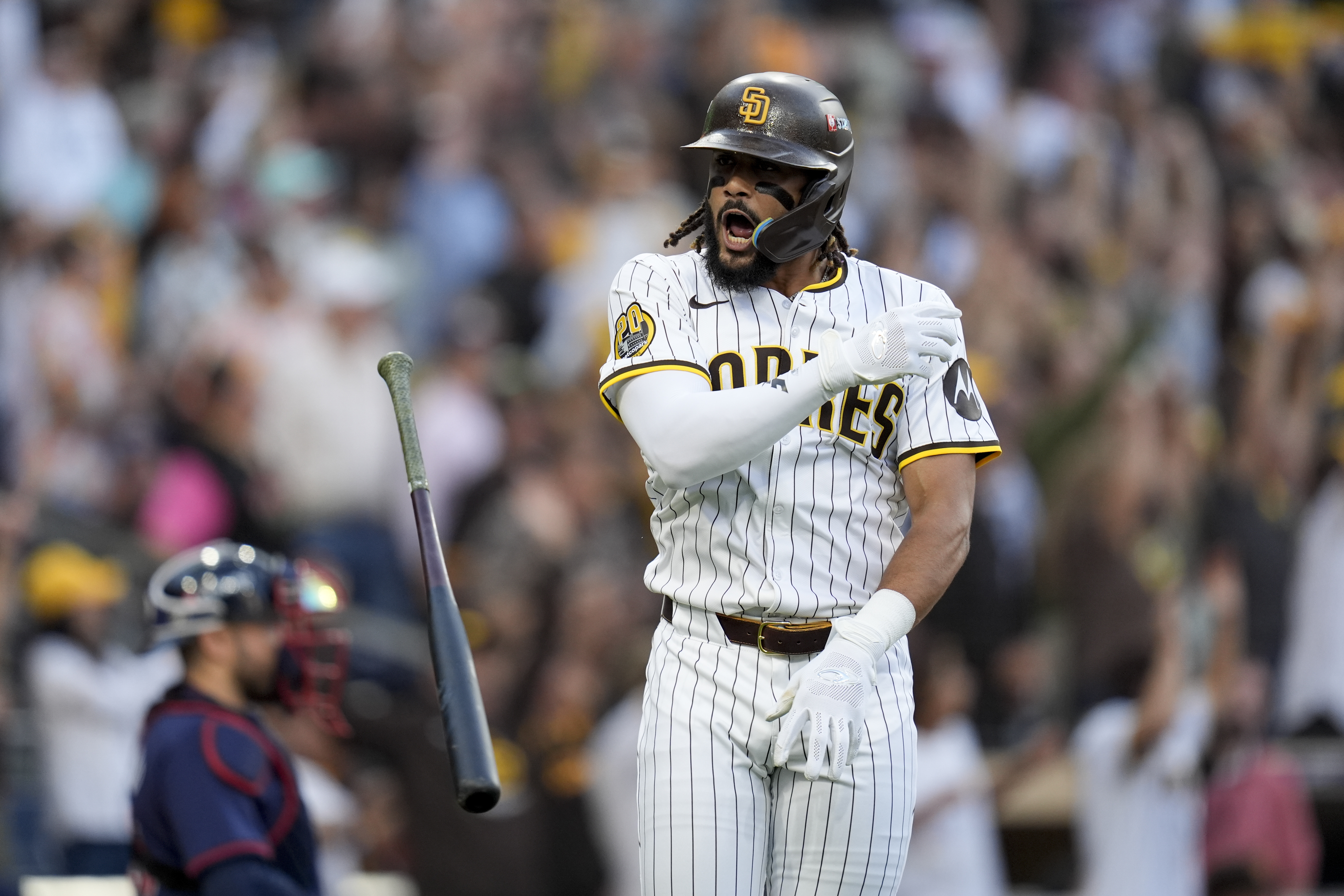 San Diego Padres' Fernando Tatis Jr. tosses his bat after hitting a two-run home run during the first inning in Game 1 of an NL Wild Card Series baseball game against the Atlanta Braves, Tuesday, Oct. 1, 2024, in San Diego. 