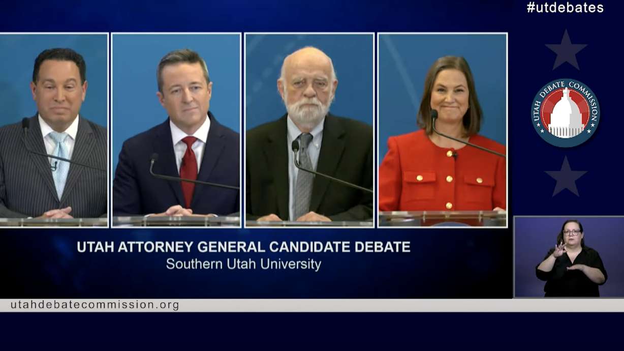 Attorneys general candidates, left to right, are pictured in this screenshot from the Utah Debate Commission's debate Tuesday with Democrat Rudy Bautista, Republican Derek Brown, Libertarian Andrew McCullough, and United Utah candidate Michelle Quist.
