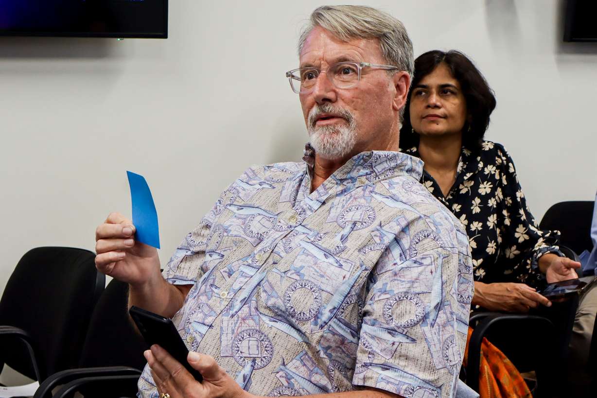 Michael Carleton offers his opinion on the vice presidential debate during the Braver Angels' “Red-Blue Vice-Presidential Debate Watch Party" in Washington, D.C., on Tuesday.
