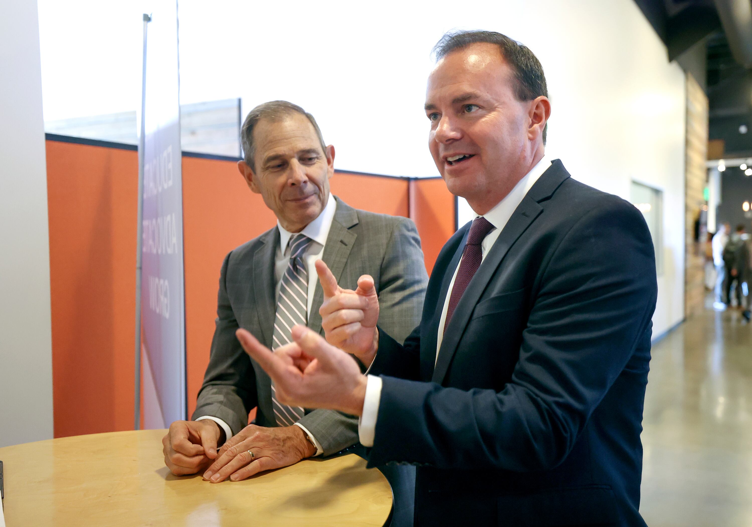 Rep. John Curtis, R-Utah, and Sen. Mike Lee, R-Utah, at Salt Mine Productive in Sandy on Aug. 18, 2022. Lee and Curtis are at the center of the Republican debate about who will lead their expected Senate majority in 2025.