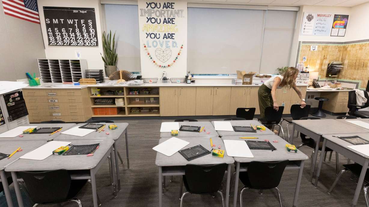 Third-grade teacher Jen Stark prepares her classroom for the first day of school at Midvalley Elementary School in Midvale on Aug. 12. The country's largest teachers union is coming after Amendment A in a big way.