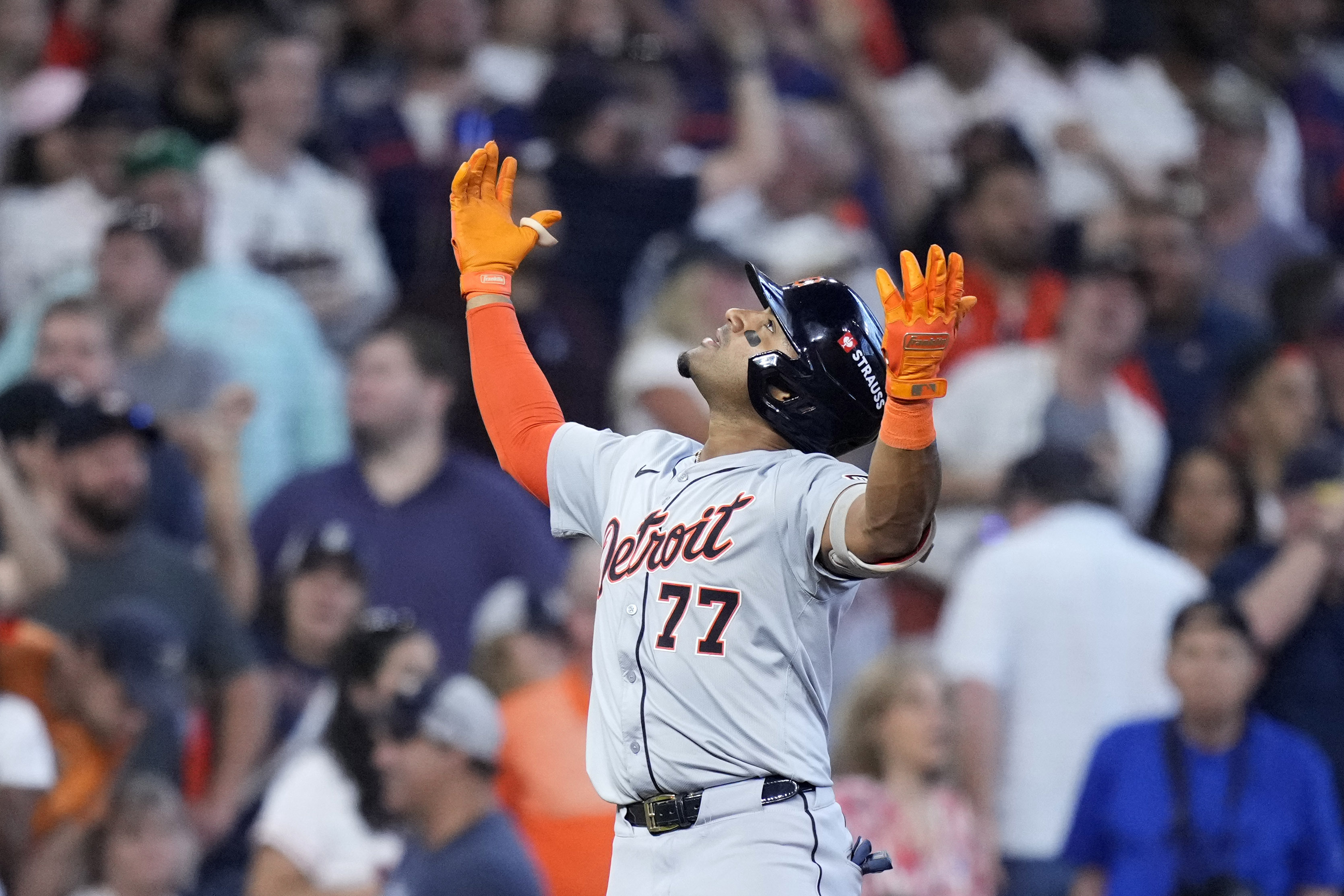 Detroit Tigers' Andy Ibanez celebrates his bases-clearing double against the Houston Astros in the eighth inning of Game 2 of an AL Wild Card Series baseball game Wednesday, Oct. 2, 2024, in Houston. 