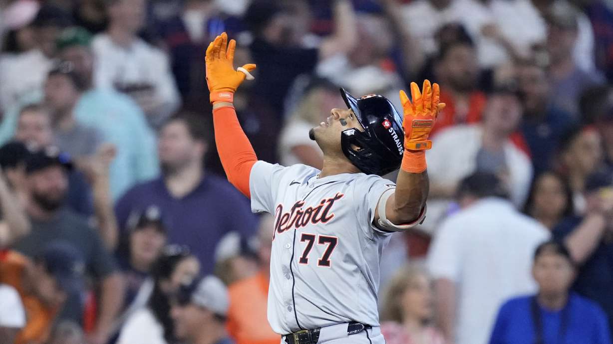 Detroit Tigers' Andy Ibanez celebrates his bases-clearing double against the Houston Astros in the eighth inning of Game 2 of an AL Wild Card Series baseball game Wednesday, Oct. 2, 2024, in Houston.