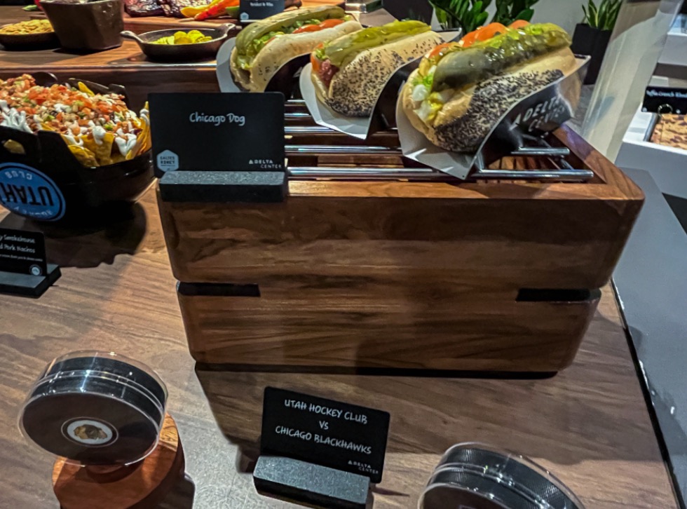 A Chicago-style hot dog is displayed during a preview of new Delta Center offerings on Tuesday. It's one option from a "VS Menu" that will be an option for fans with tickets in the Toyota Club or other premium spaces.
