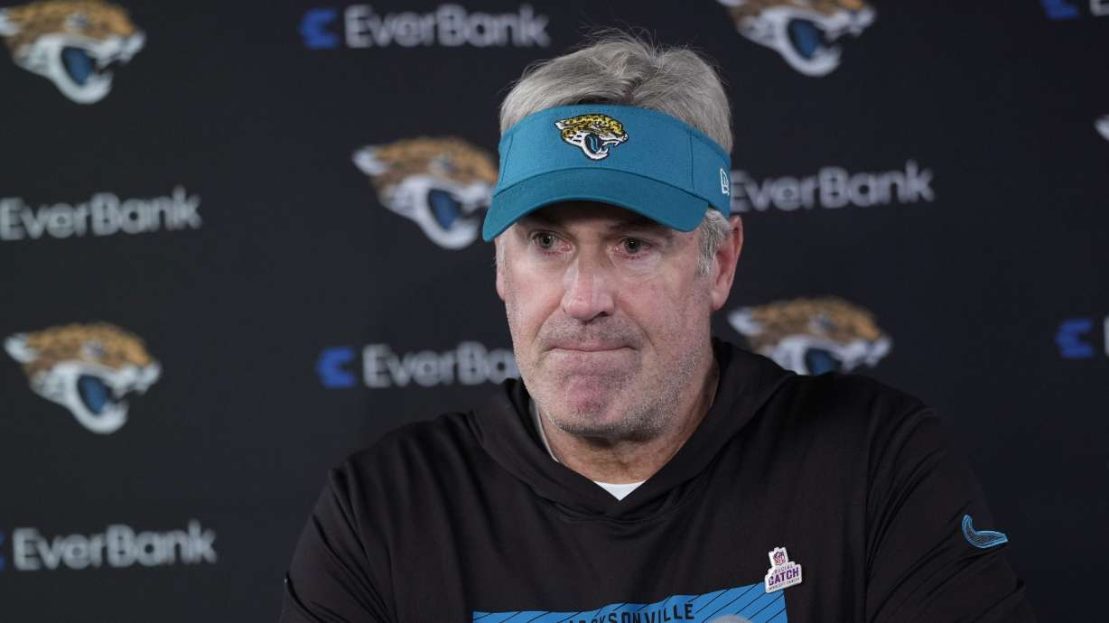 Jacksonville Jaguars head coach Doug Pederson speaks during a news conference after an NFL football game against the Houston Texans, Sunday, Sept. 29, 2024, in Houston. The Texans won 24-20.