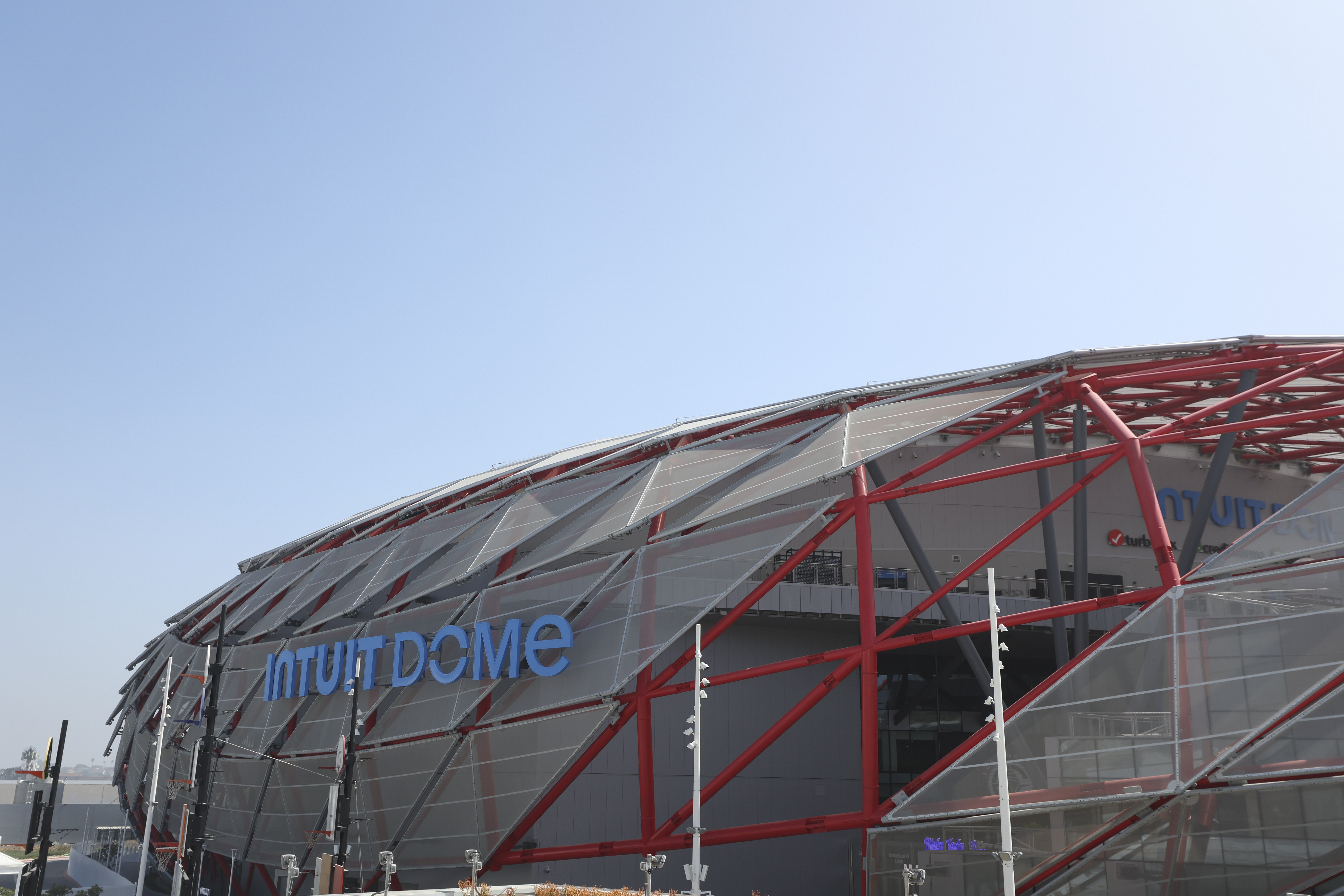 FILE - The exterior of the new Intuit Dome is seen during the LA Clippers' NBA basketball team's media day, Sept. 30, 2024, in Inglewood. 