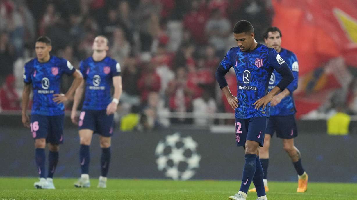 Atletico Madrid's Samuel Lino reacts after the end of a Champions League opening phase soccer match between SL Benfica and Atletico Madrid in Lisbon, on Wednesday, Oct. 2, 2024. Benfica won 4-0.