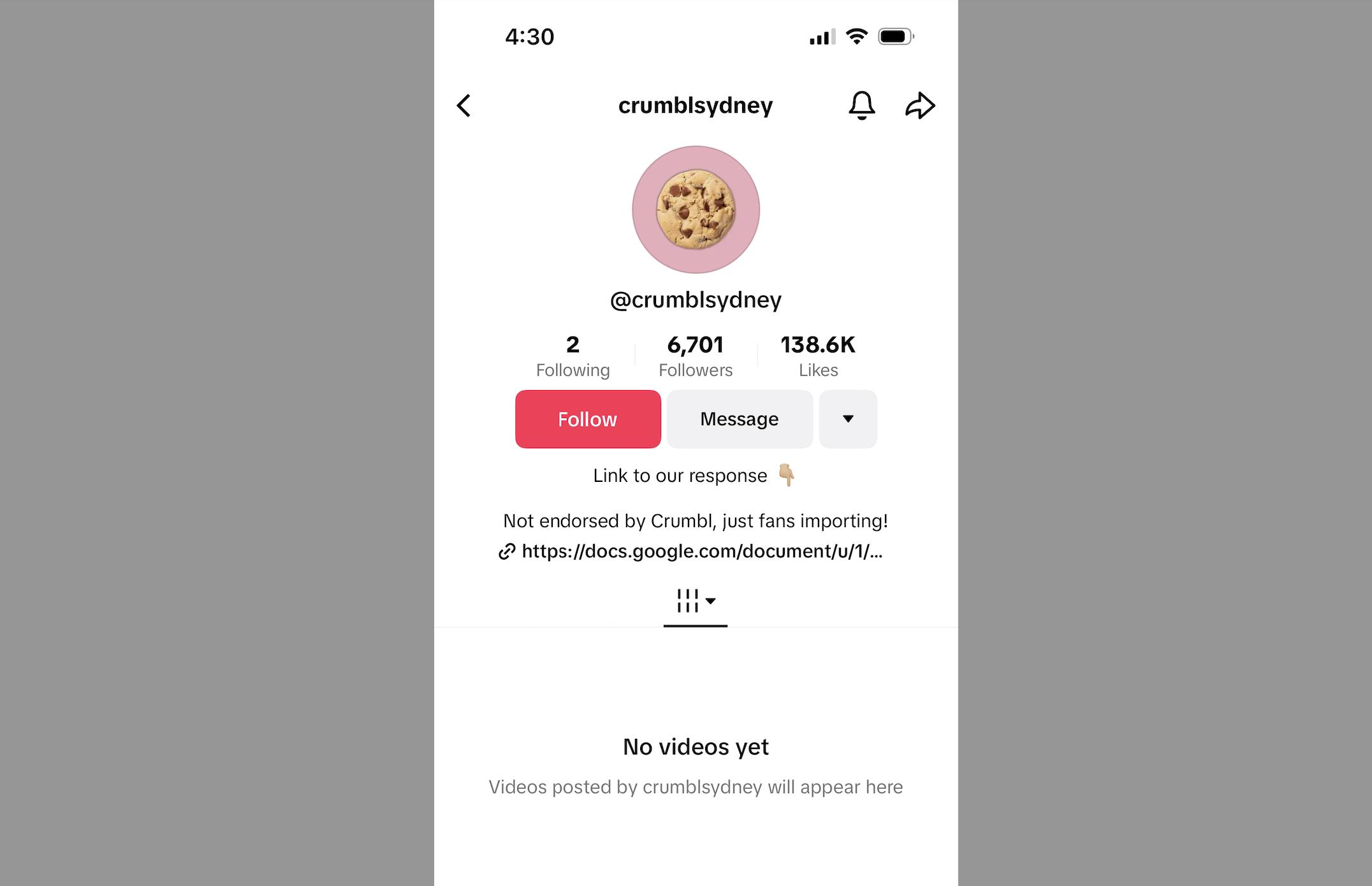 TikTok account @CrumblSydney deleted all its videos after advertising for and hosting an unofficial Crumbl Cookies pop-up in Sydney, Australia, in September.