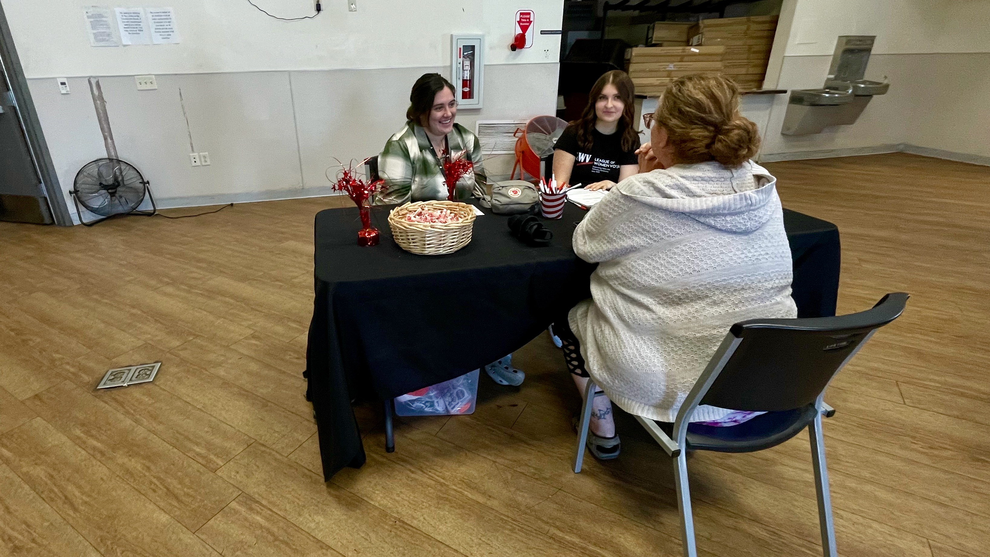 The Weber County League of Women Voters and Lantern House in Ogden teamed up on Wednesday to register voters at the homeless shelter. From left, Alyssa Jackson, Macy McCormack and Wendy Mayfield.