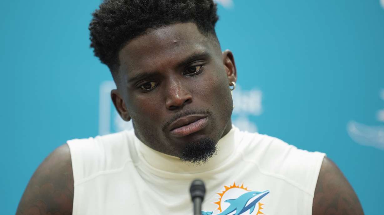 Miami Dolphins wide receiver Tyreek Hill speaks to journalists following a team practice, Wednesday, Sept. 11, 2024, in Miami Gardens, Fla.