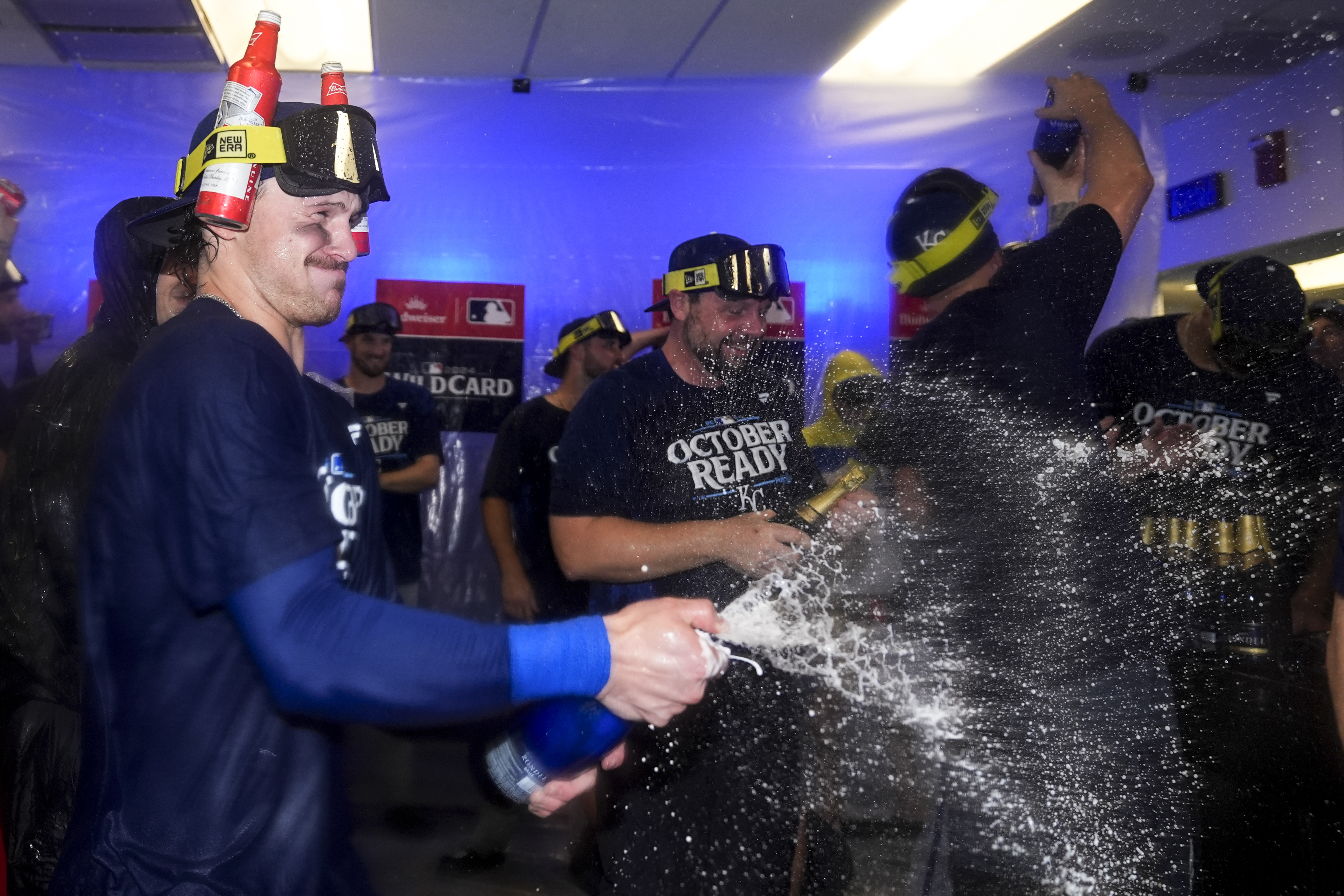 Kansas City Royals shortstop Bobby Witt Jr. celebrates with teammates after defeating the Baltimore Orioles 2-1 in Game 2 of an AL Wild Card Series baseball game, Wednesday, Oct. 2, 2024 in Baltimore. 
