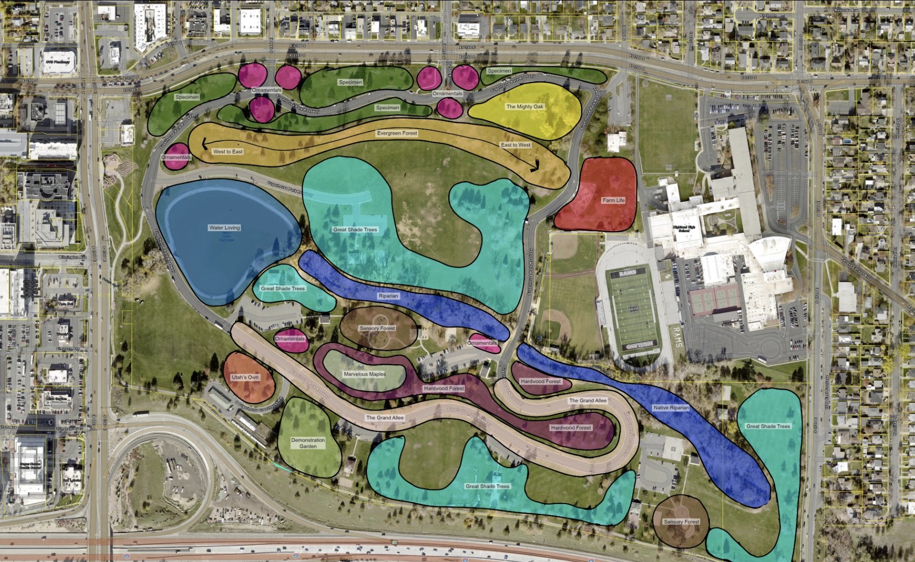 This map shows a Sugar House Park arboretum plan with 13 districts directing future tree growth in the Salt Lake City park.