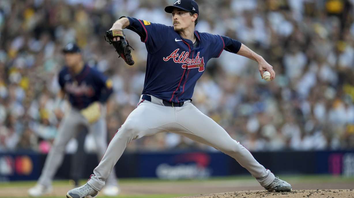 Atlanta Braves starting pitcher Max Fried throws to a San Diego Padres batter during the first inning in Game 2 of an NL Wild Card Series baseball game Wednesday, Oct. 2, 2024, in San Diego.