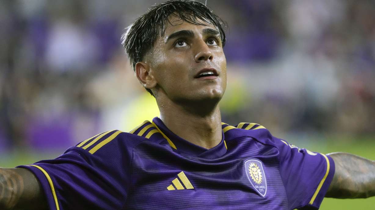 Orlando City forward Facundo Torres celebrates his goal against the Philadelphia Union during the second half of an MLS soccer match, Wednesday, Oct. 2, 2024, in Orlando, Fla.